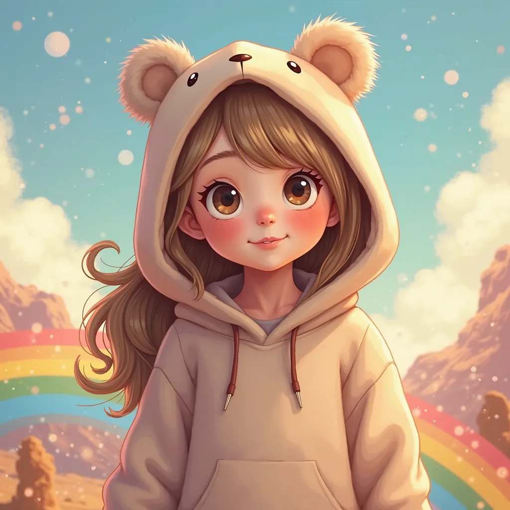 hoodie with bear ears、Girl with long hair in greige、 cartoon 、Pixar、rainbow