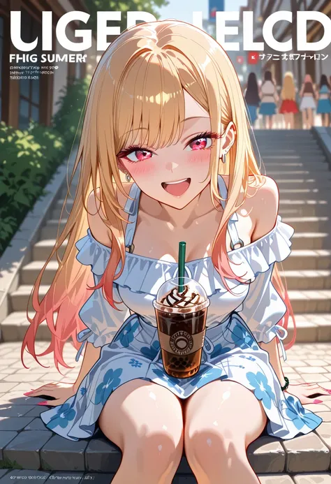 Marin Kitagawa, long hair, blonde hair, light pink ombre hair, red eyes, big eyes, laughing, looking at viewer, stylish summer look, off-shoulder fitted white top with high-waisted pastel floral skirt, sitting on a stone staircase, sipping an iced coffee t...