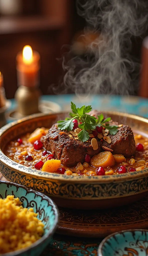 A hyper-realistic, cinematic 4K image of a sumptuous main course inspired by Princess Jasmine, served in an ornate gold-rimmed tagine. The dish features tender slow-cooked lamb infused with saffron, cinnamon, and apricots, bathed in a rich, aromatic sauce....