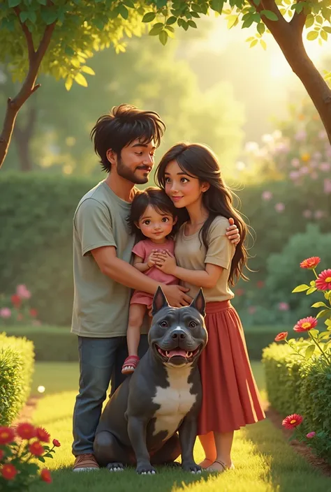 a father, a mother, Daughter and a Pitbull in the garden