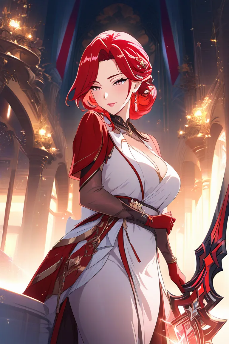 Red long hair, mature, sexy, charming, noble， taking sword, beautiful, 2D Anime