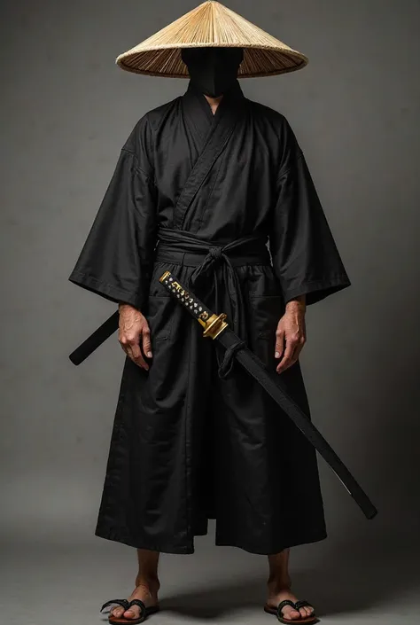 A man with a black straw hat that covers his eyes with darkness and with a black mask that covers his mouth and nose with black Japanese clothing, although it looks like those of a samurai, and wooden sandals and with a katana with a black cover and a hand...