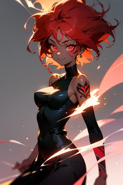 black skin, anime woman, happy, glowing red eyes, glowing red tattoos, short glowing red hair, wearing a black dress