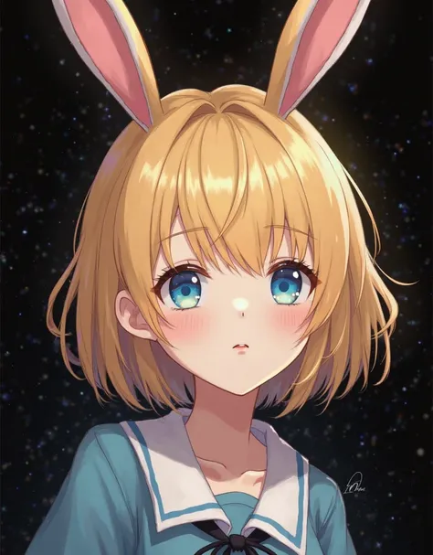 ((best quality)), ((masterpiece)), (detailed), perfect face, korean girl, ulzzang, bunny ears, black background, blonde hair, short hair, blue eyes