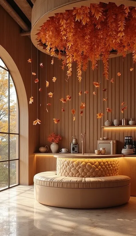 The coffee shop design captures the poetic essence of autumn leaves drifting and dancing with the wind. Organic shapes and layered elements mimic the gentle motion of falling foliage, creating a dynamic yet serene atmosphere. Warm earthy tones, textured wo...