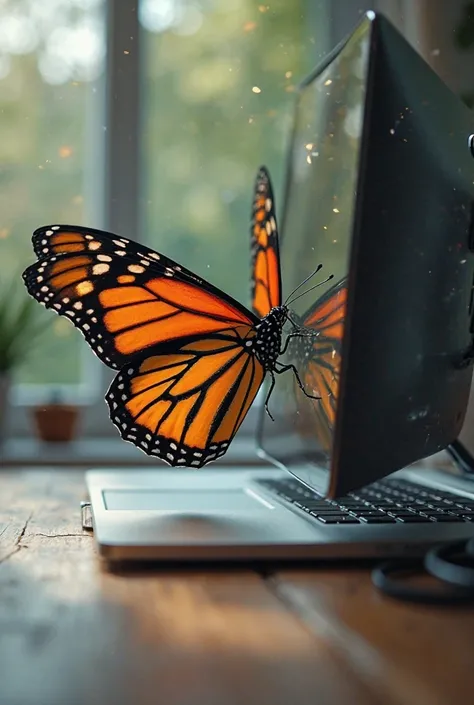 Monarch butterfly coming out of a PC screen placed on a table,Without nature 