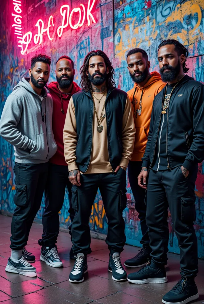 Street Art & Graffiti Vibe
"A group of five Black men with different facial structures, thick beards, and strong, muscular builds, each styled with unique hair colors (blonde, red, blue, silver, natural black). They are wearing stylish urban outfits, inclu...