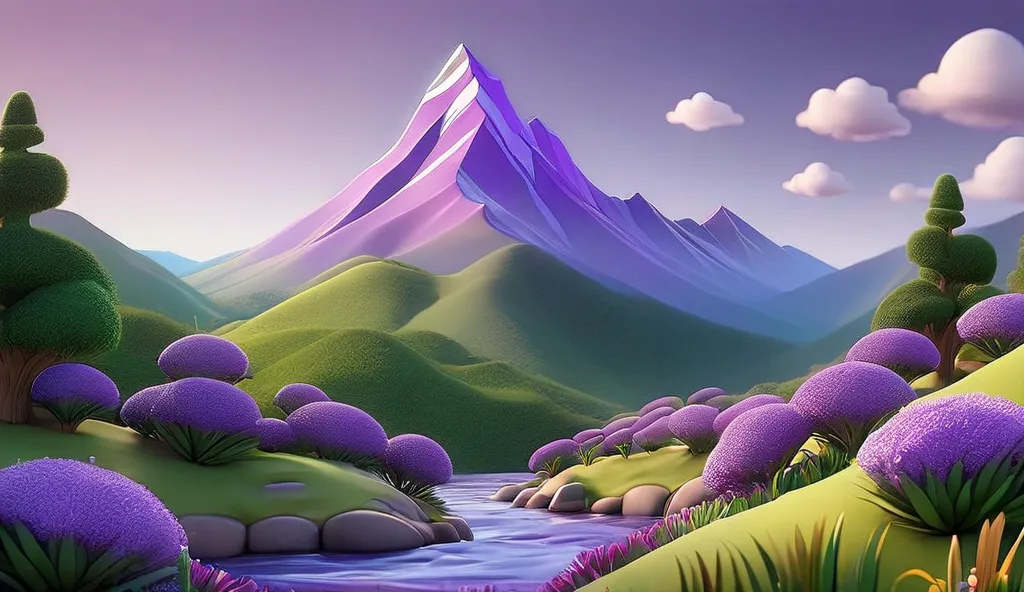 3D cartoon-style illustration inspired by the Illumination company animation movies, 3D purple mountain scene inspired by A majestic purple mountain, a flowing river with sparkling water meanders through blooming purple flowers. Lush green trees and vibran...