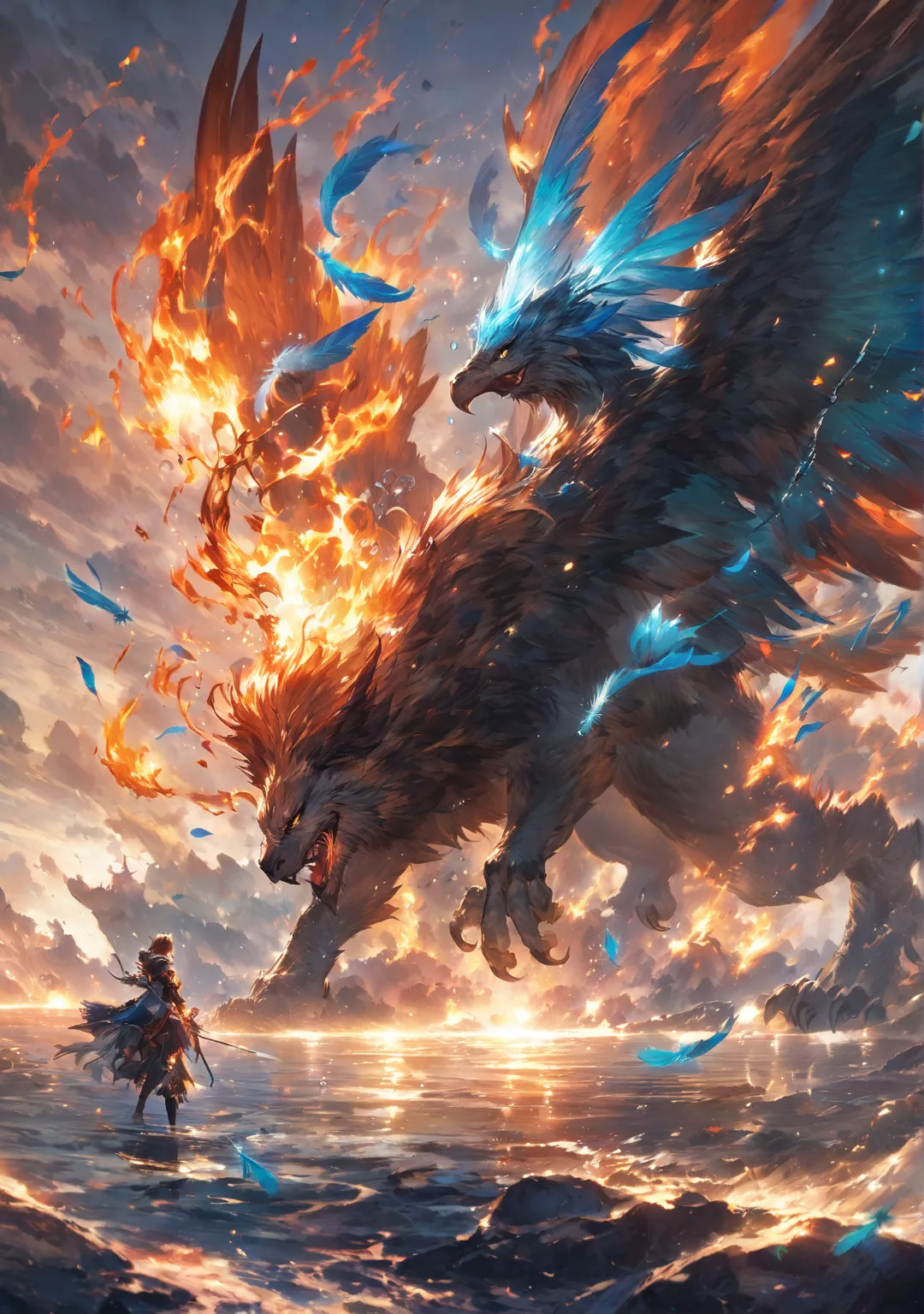  burning nature and water ,  Creature, Gryphon with blue feathers,  Anime Fantasy Illustrations ,  anime fantasy art , beautiful fantasy anime, Bubble