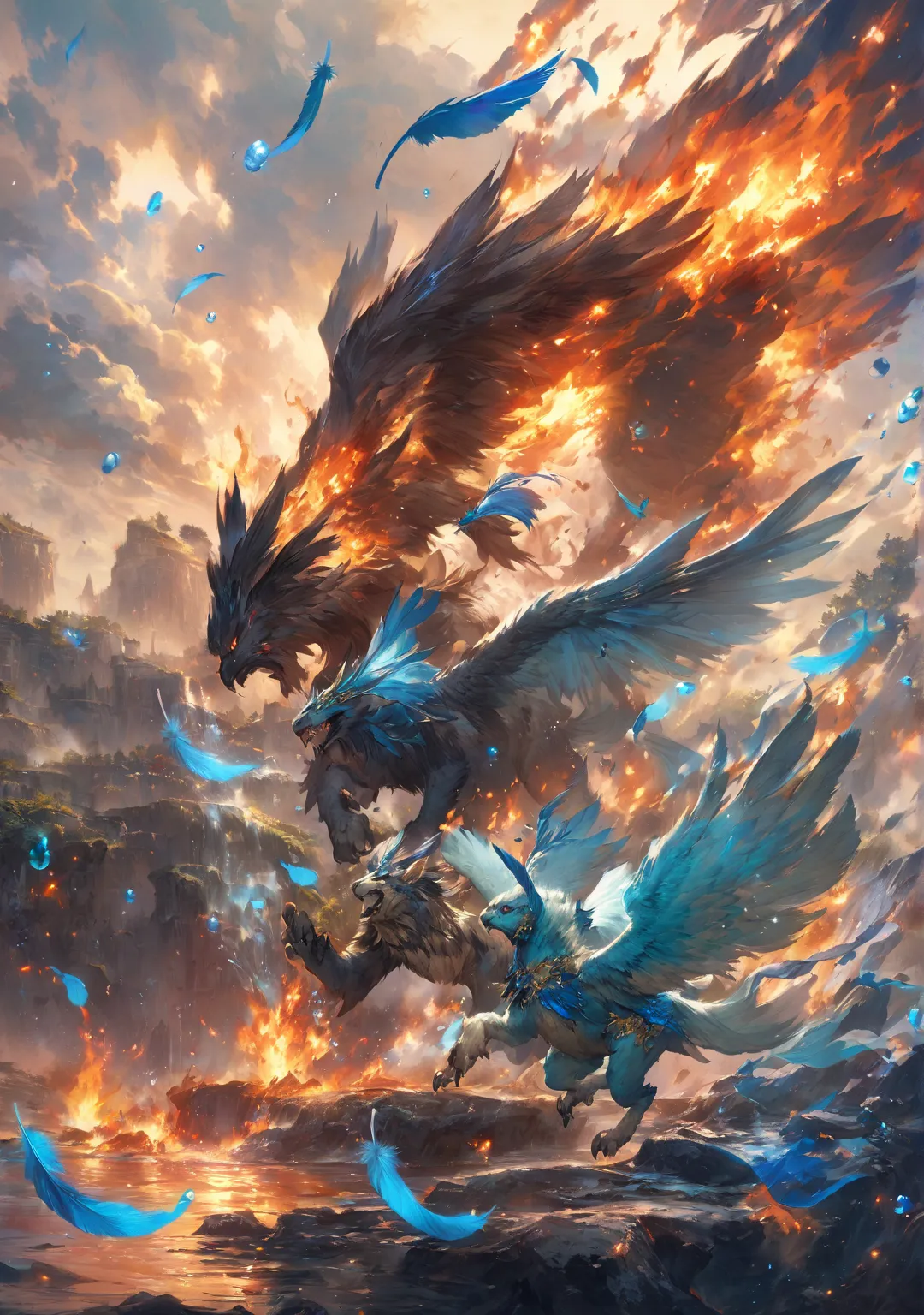  burning nature and water ,  Creature, Gryphon with blue feathers,  Anime Fantasy Illustrations ,  anime fantasy art , beautiful fantasy anime, Bubble