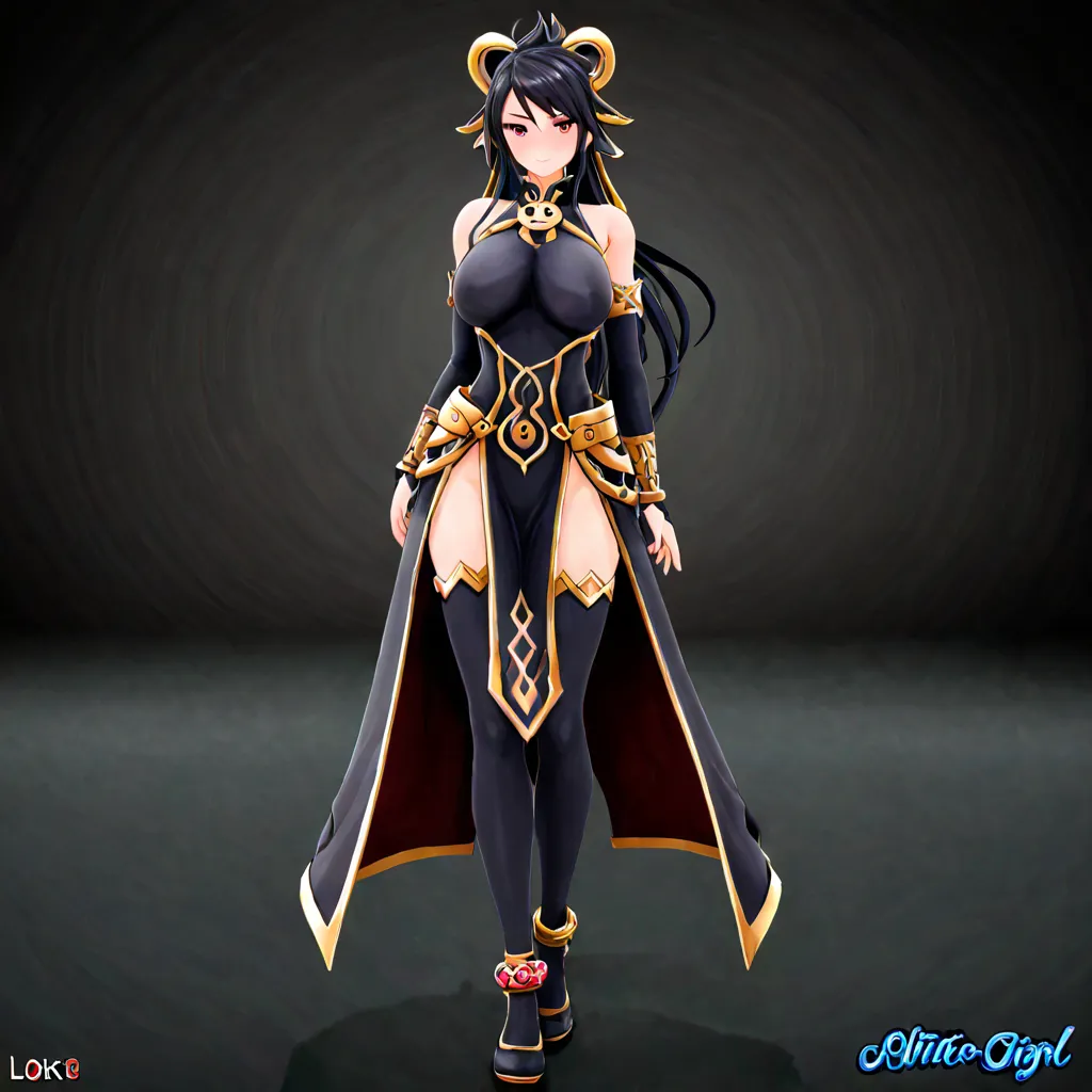 3D Ai style game with large volumes and big breasts Loki girl with black hair cute pose 18+ full length 