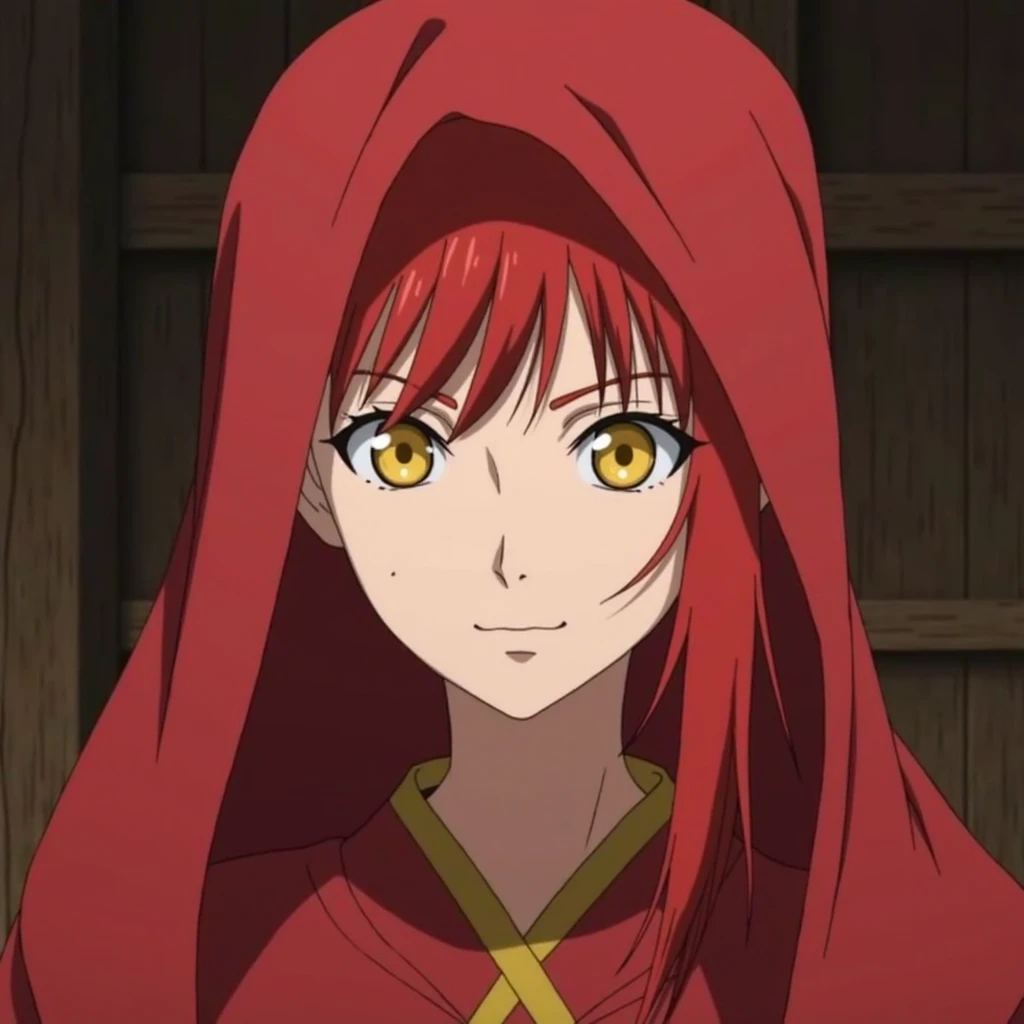 Naruto Shippuden Screenshot Screamcrap, 29-year-old young woman, pale skin, orb-shaped yellow eyes, long red hair with bangs that fall over her forehead highlighting her fine and elegant features, wearing a red Arab costume, with a red veil on her head.