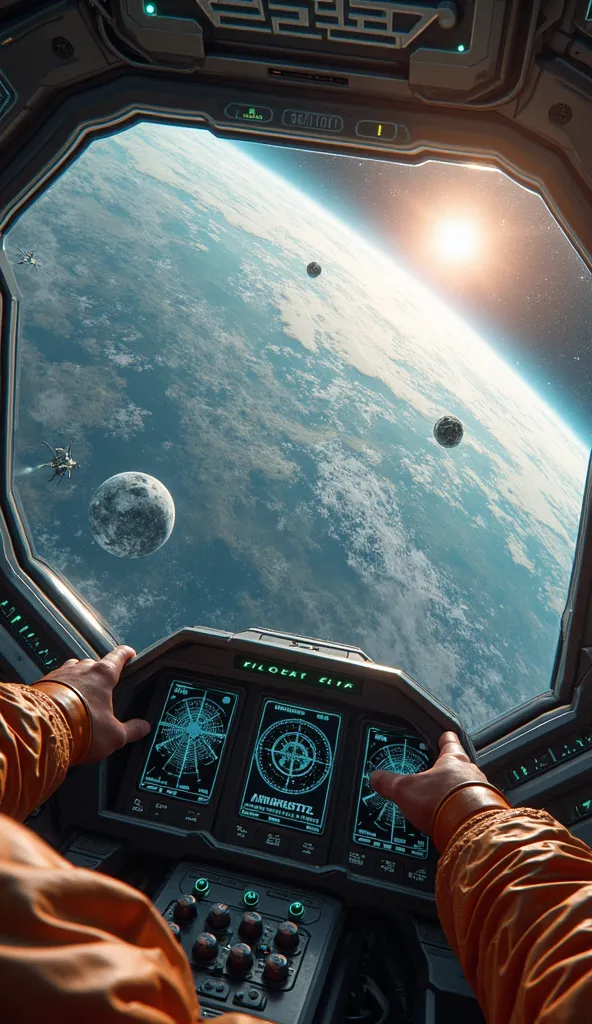 A pilot’s POV of a spaceship entering Earth’s orbit. The pilot’s hands adjust the controls with precision as the ship stabilizes its trajectory. The control panel displays holographic orbital graphs and altitude data. The curvature of the Earth is visible ...