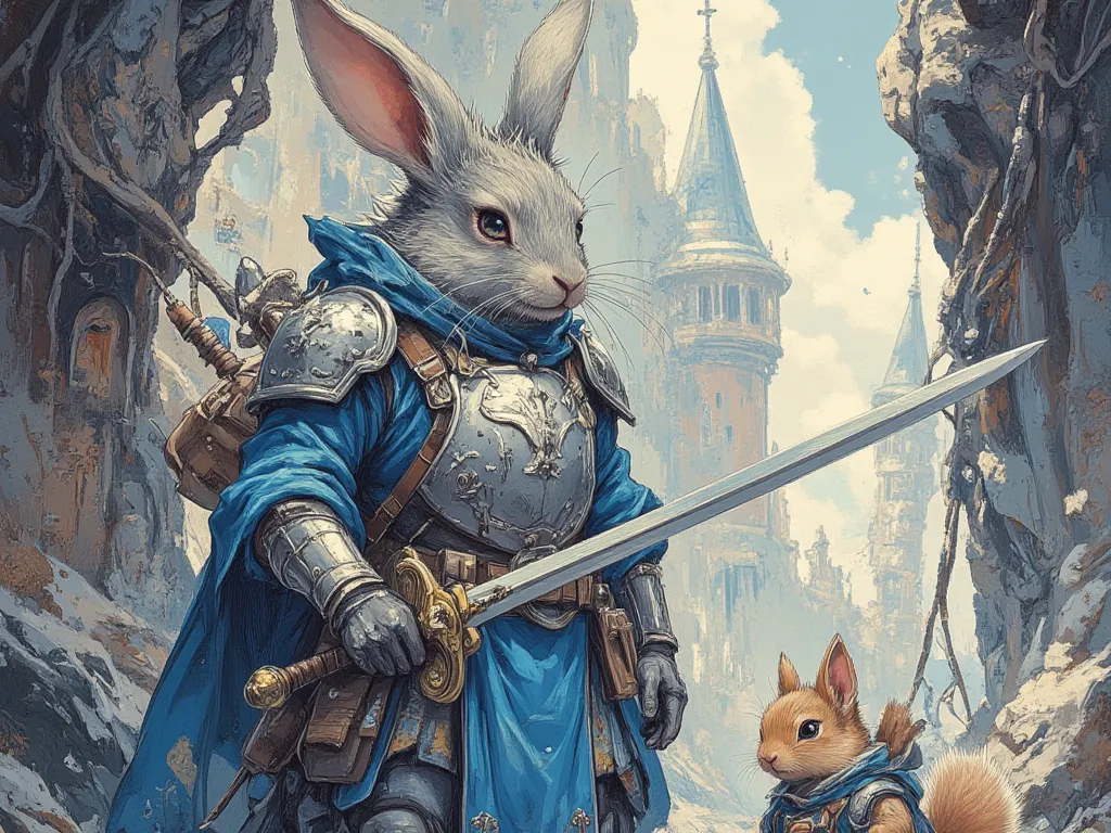 old gray rabbit in blue clothes wearing breastplate armor, the rabbit has a white goatee, holding sword, a smaller squirrel squire is nearby, In fantasy art style, masterpiece,  best quality , Super Detail, an epic, 4K, cinematic light, ultra-detailed,  8k...