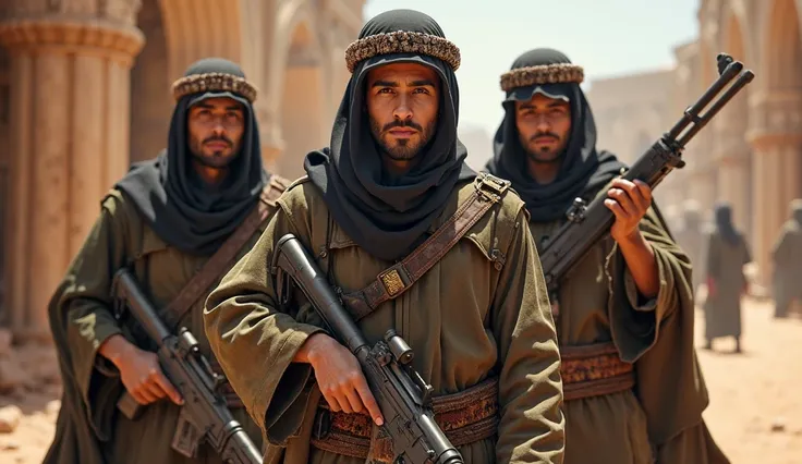 (photorealism:3.2), a few roguish magical rich Arabic mercenaries, they are young and strong, they are dressed in militant hajibs and ready for war