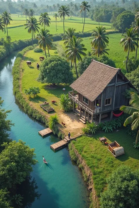 Aerial view of a peaceful Thai countryside, featuring a rustic wooden house on stilts with a sloped roof, surrounded by vibrant green fields and lush palm trees. A turquoise river flows alongside, reflecting the clear sky, with a wooden dock extending into...