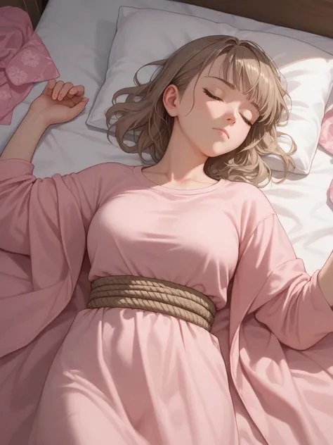 Anime girl covered up in bed ,pink silk bed sheets ,her skin is dark brown ,she have light brown hair,her hair is tied up,she is sleeping 1girl, Award Winning, Detail, Best Quality, High Resolution, HD, Closed Mouth, Closed Eyes, From Above, Anime, Anime S...