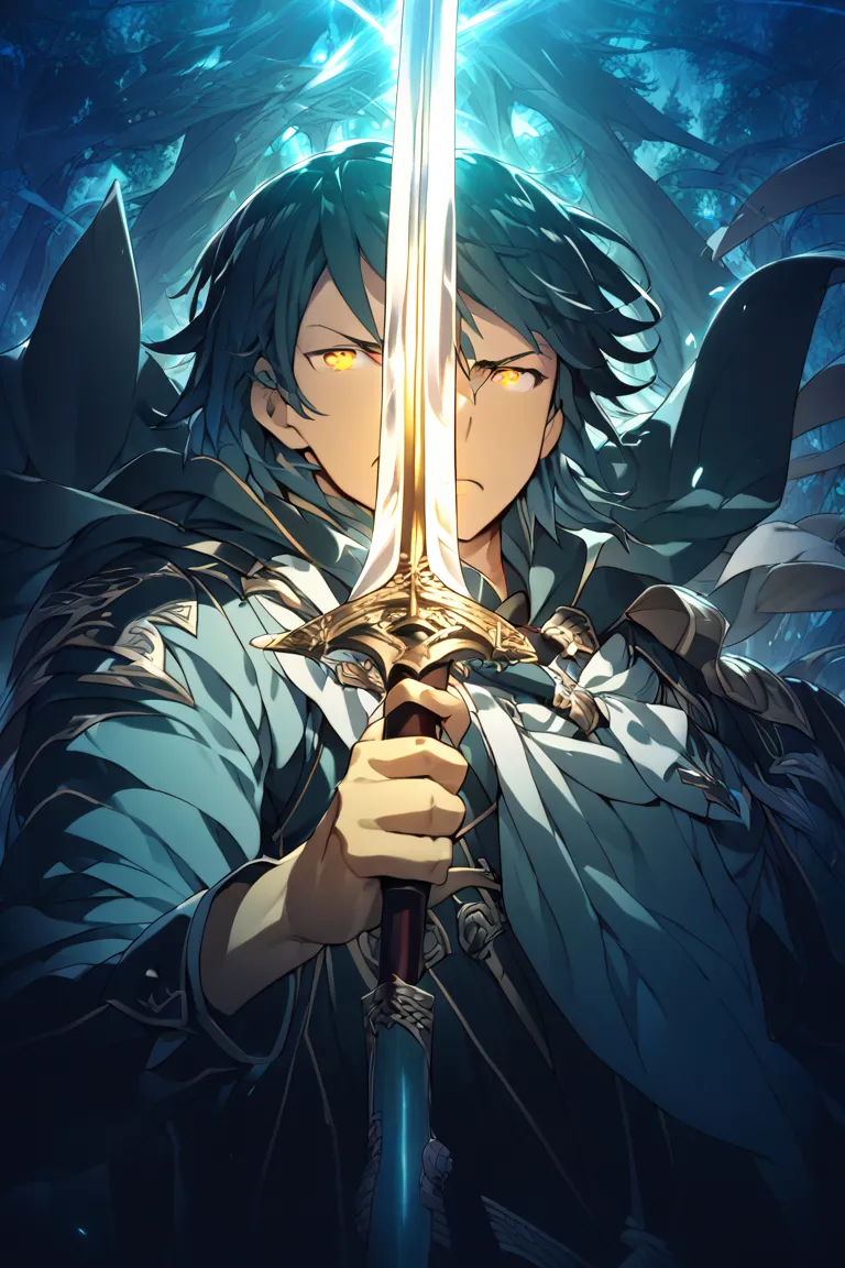 a guy with glowing eyes, he looks angry, he is holding a sword with both arms, sword faces downward, glowing background, masterpiece, makoto shinkai vibe