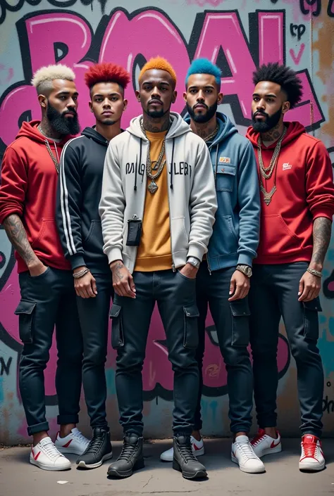 Street Art & Graffiti Vibe
"A group of five Black men with different facial structures, thick beards, and strong, muscular builds, each styled with unique hair colors (blonde, red, blue, silver, natural black). They are wearing stylish urban outfits, inclu...