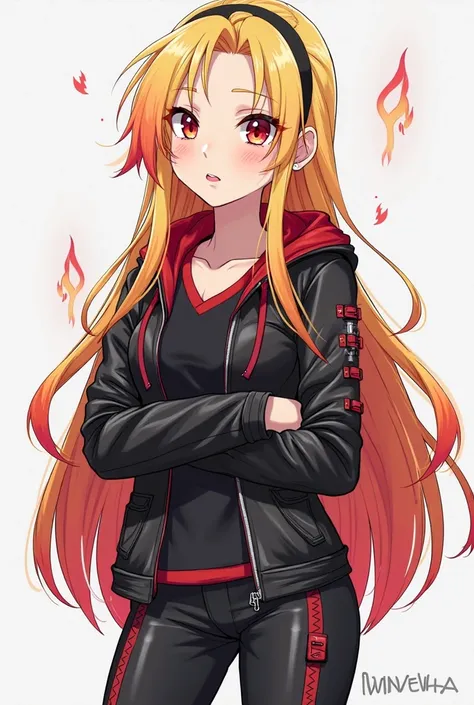  An anime age girl , student from Academia U. A by Boku no Hero Academia .  a girl with small hips, measuring approximately 5'2. } Long hair down to behind the knees, blonde from the root to before the tips, : the tips have a fiery red color that fades to ...