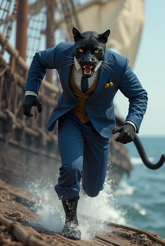 A black panther dressed in a blue suit, leaving a pirate ship with the treasure in their hands, and behind it the pirates running to take the treasure 