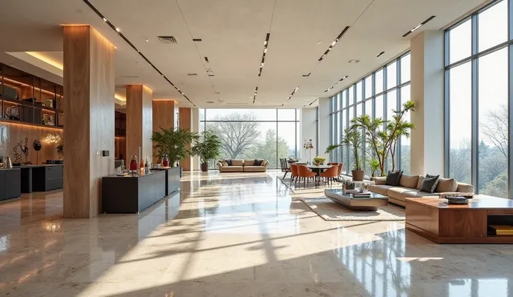 "An interior view of a modern, luxurious showroom with polished floors and bright lighting. The space is spacious, with elegant furniture displays and large windows letting in natural light. The atmosphere is sleek, sophisticated, and inviting, featuring h...