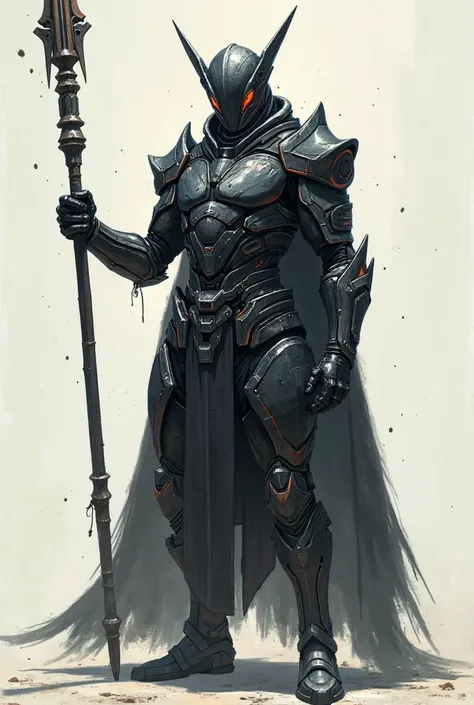 A mage clad in high tech armor, wearing a full faced horned helmet and holding a staff, full body, cyberpunk style, low detail, no background