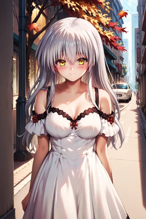 woman、 beautiful and well-groomed breasts 、Silver Hair Long Hair、yellow eyesゆたかなコントラスト、 Extremely High Quality 、8k、Very Delicate CG Unit、Wallpaper NSFW , 1woman,small eyes,bangs between eyes,medium breasts,
White dress,off shoulder dress,city,street,trees,...