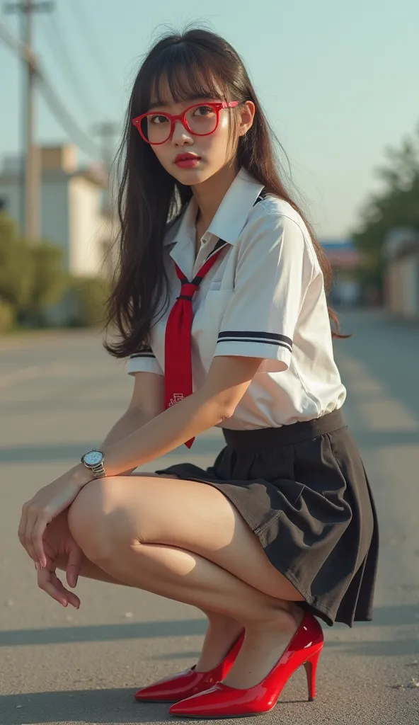 Pro photo realistic ,woman with beautiful Indonesian face red glasses, wearing school uniform short skirt and wearing red high hils high shoes, is squatting sideways, looking at the camera on the edge of the city in the afternoon. Cinematic vibe, Low angle...