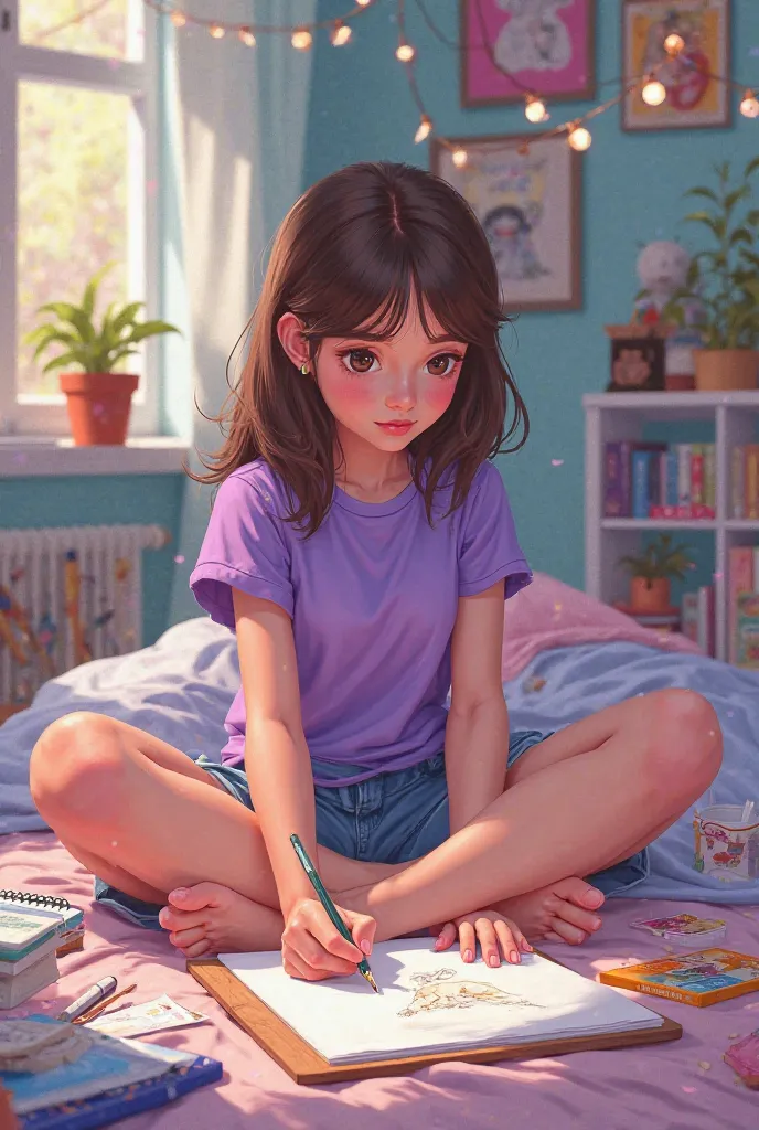 a 15-year-old girl in a purple t-shirt and blue shorts drawing in her room animation 