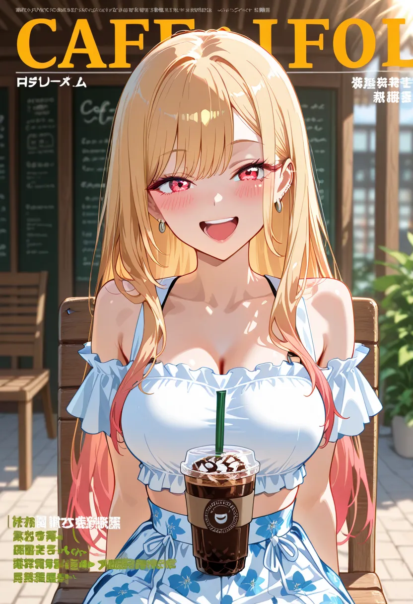 Marin Kitagawa, long hair, blonde hair, light pink ombre hair, red eyes, big eyes, laughing, looking at viewer, stylish summer look, off-shoulder white crop top with a high-waisted pastel floral skirt, sitting at an outdoor café, leaning back slightly agai...