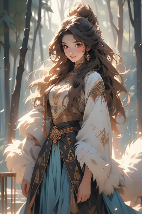  1girl, tribal clothing, bronze jewelry, fur clothing, messy brown hair, blue yes, prehistoric, evil smile, forest background, wide hips, 3/4, fur skirt