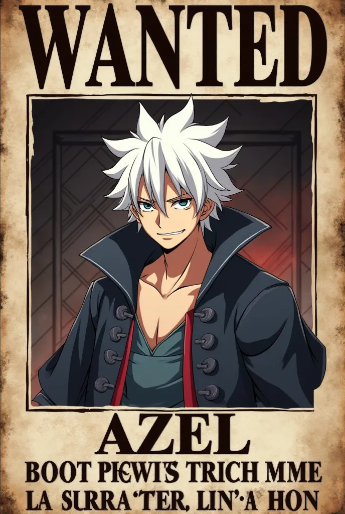 I want a photo of a wanted poster for one piece and the person that is wanted with those characteristics, My name is Azel D. Noctis I have white hair I'm a Lunarian with only one black wing that has fire that protects him, and I killed two sailors