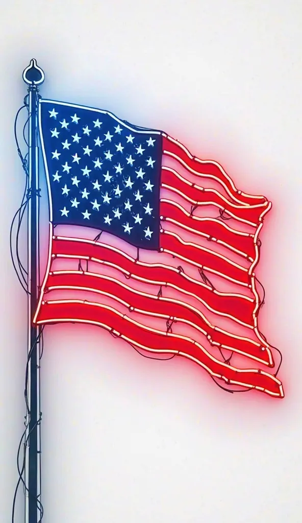 American flag in neon lights, wallpaper, white background