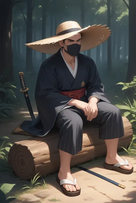 A man shrouded in an aura of mystery, dressed in a black Japanese outfit that recalls the elegance of a samurai. His face remains hidden under a black straw hat, casting a shadow that hides his eyes, while a mask of the same tone covers his mouth and nose....