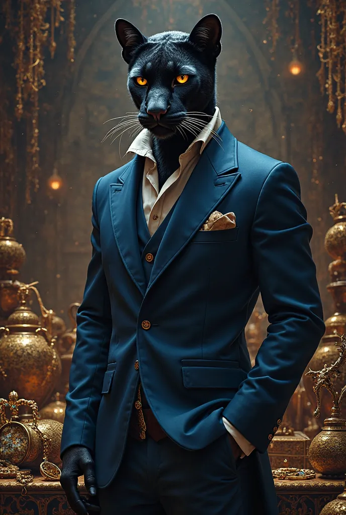 A black panther dressed in a blue suit, Inside a room on Pirate Island looking at the stolen treasure