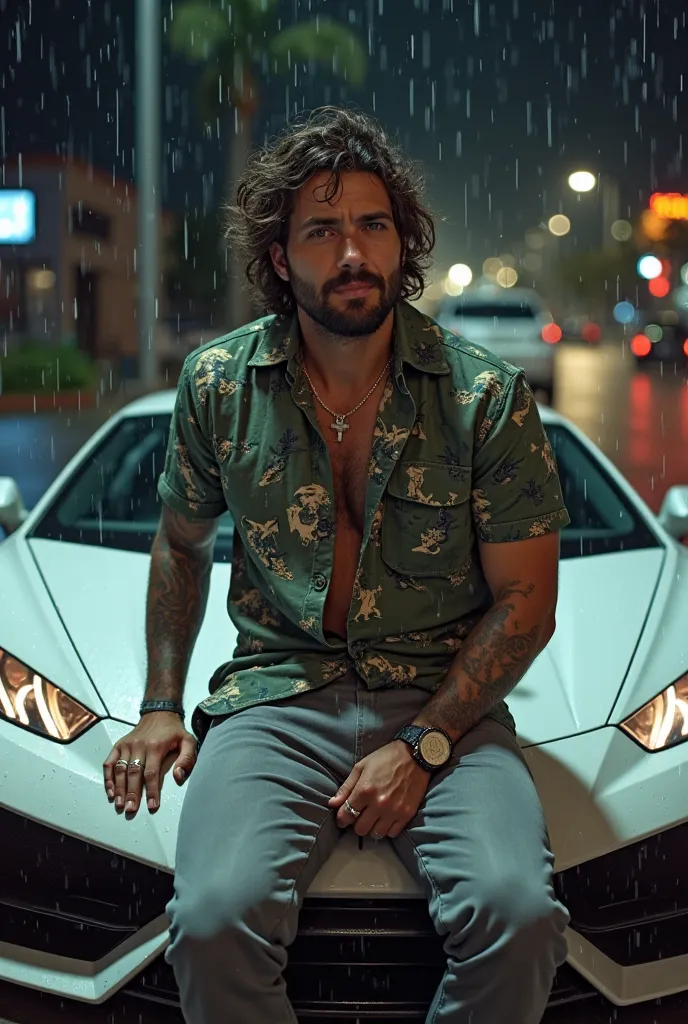  sitting on the hood of a white Lamborghini at night in the rain looking forward in an interesting way is Kerem Bürsin, 50 years , Short wavy brown blurry mullet cut  , green eyes,toys,  medium beard and tattoos ,  Wearing gray pants with Florida shirt  