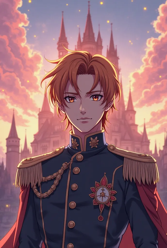 
Create an anime illustration of a prince in uniform, standing proudly in front of a grand fairytale castle. He has soft orange hair that gently falls over his forehead and sweet dark brown eyes . The background features a majestic castle with tall spires,...