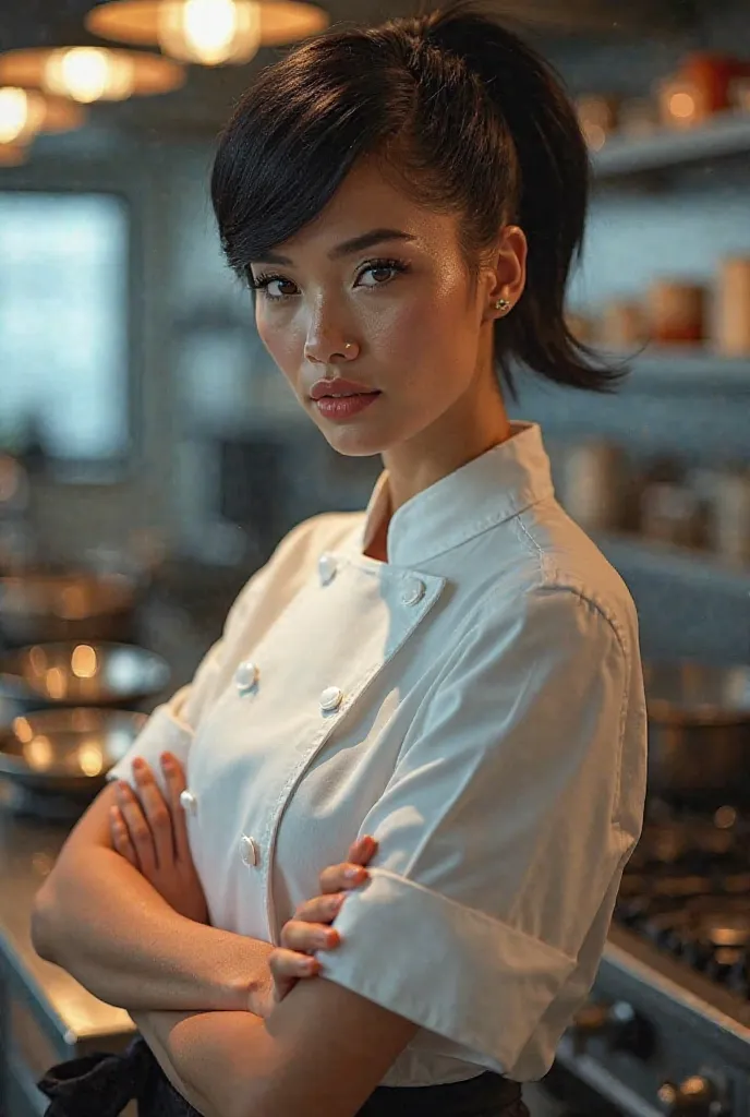 Black-haired slap-haired female chef