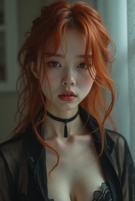 long hair, messy and reddish, ( air|translucent black:1.4 cheongsam:1.331), redheaded Asian red-haired girl ( 18 years old), (parts,  pale skin),  definite mandible, smaller head, beautiful and sensual,  Whole body, old:3.2, nipples:1.2, just black panties