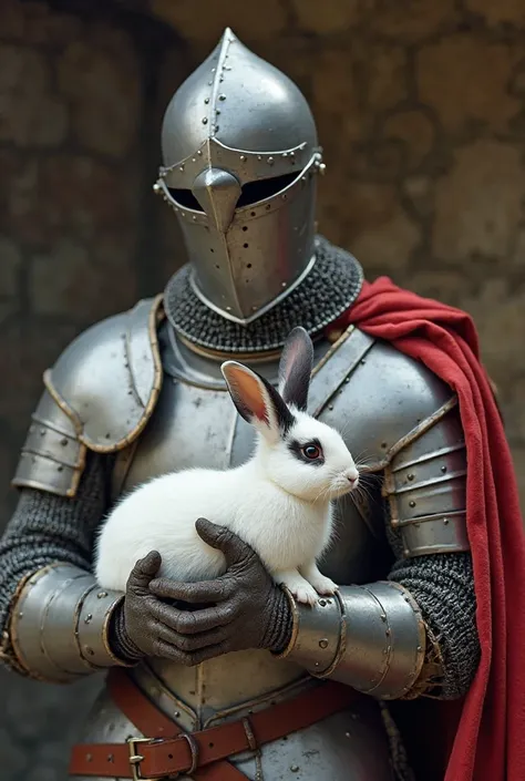 Imagine a medieval knight dressed in shining armor, holding a small white rabbit in its arms. The rabbit has black-stained ears, What gives her a unique and charming look. juntos, form an unusual image: the strength of the knight combined with the tenderne...