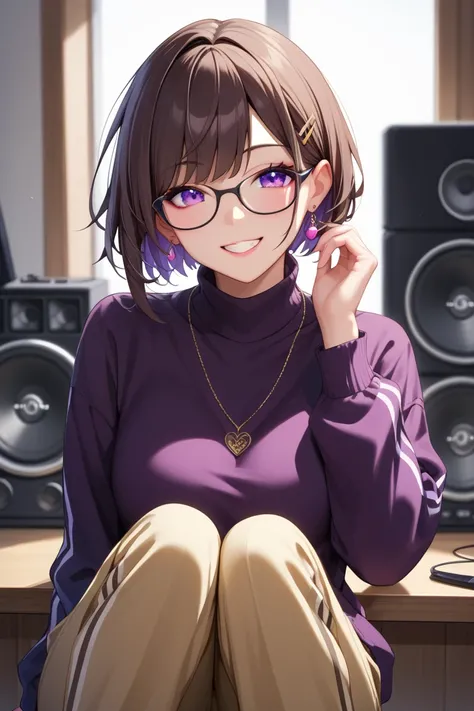  1 girl,high quality、最high image quality、LOL、smile,  face layer、 high image quality , glasses, short hair full of pee , purple eyes、dark brown hair、Perm、archive, long pants、 high neck、sleeveless、necklaces、Party、Loudspeaker