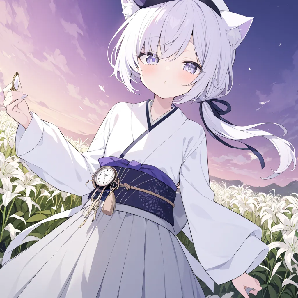 high resolution
best quality
solos
only 1 person
Beautiful young man
petite
She looks like a girl
My face is shining
Nekomata
cat ear
2 cat tails
gray hair
white hair
Pure white hair color
white low ponytail
The neckline is long 
gray eyes
Saliformes
Andon...