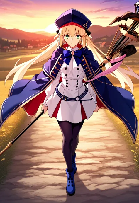 high resolution, masterpiece, necessary, detail, best quality, quality, necessary, details, High details, Precise, ufotable style, ufotable anime, artoria caster (fate), {{{artoria caster (second ascension) (fate)}}}, green eyes, long blonde hair, twintail...