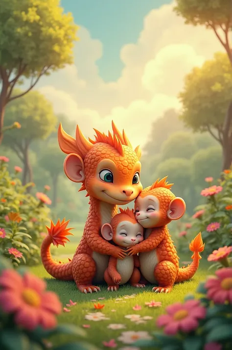 Little orange dragon & Monkeys cuddling lovingly at the garden & The sky looks beautiful with clouds. 😍