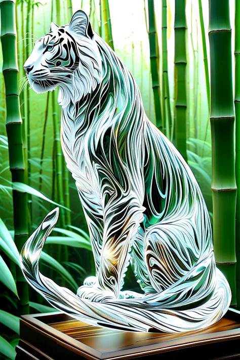 ( top quality,4K,8k, High Resolution, masterpiece:1.2),  Super Detail, (  exists,photo  exists,photo-  exists:1.37), Magical Bamboo Forest . 、Beautiful crystal tigers that are transparent and sparkle、The silver swirling thread emanating from its graceful f...