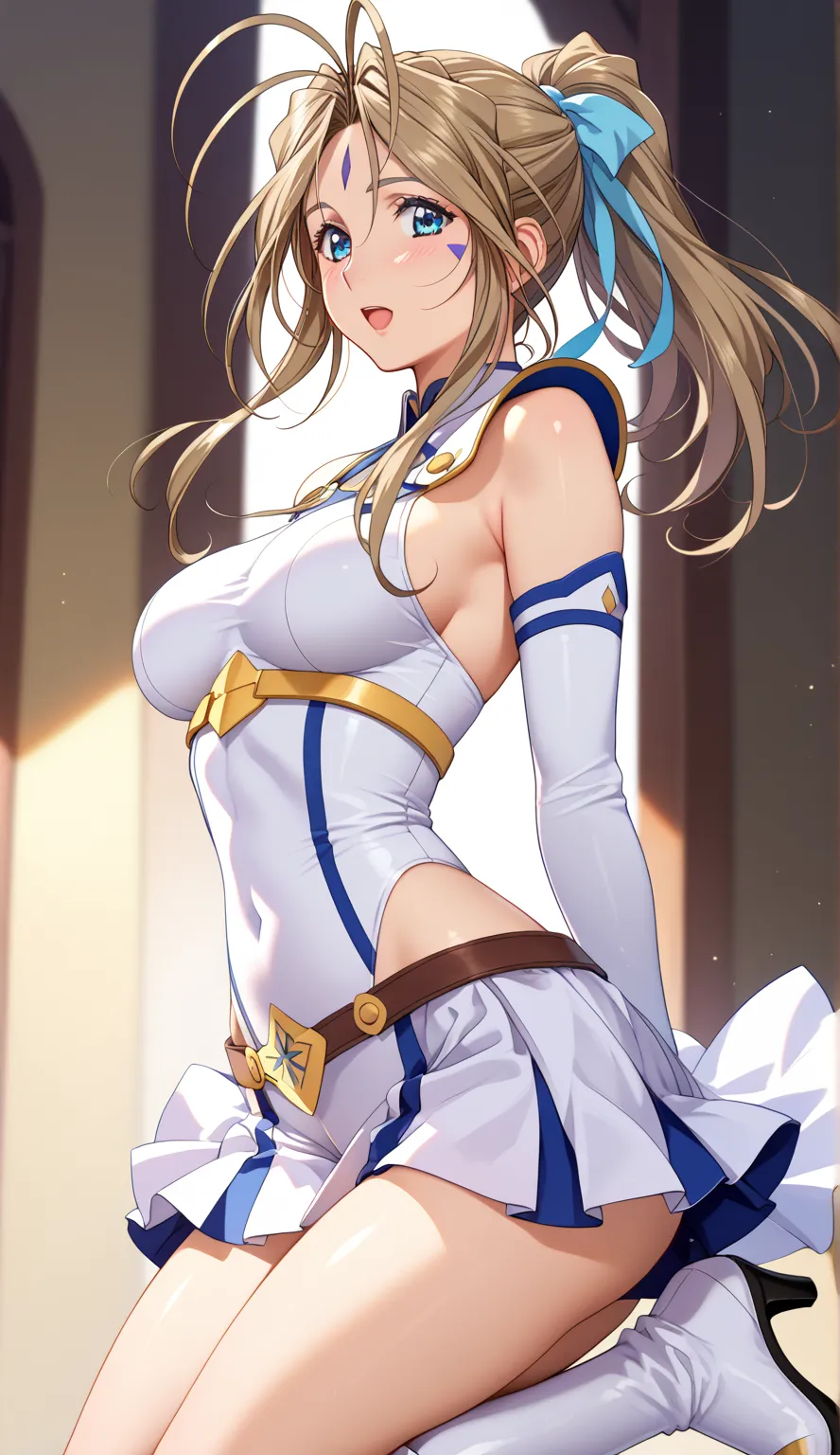 (Belldandy:1.1)、 20 year old girl、solo、 open your mouth and feel shy、 Hair、(short hair)、high ponytail、Silky Hair、 beautiful hair、 aqua colored eyes、 beautiful eyes、 Eyeliner、beautiful skin、 white skin、textured skin、(White Armor:1.25)、(white leotard、 skirt:...