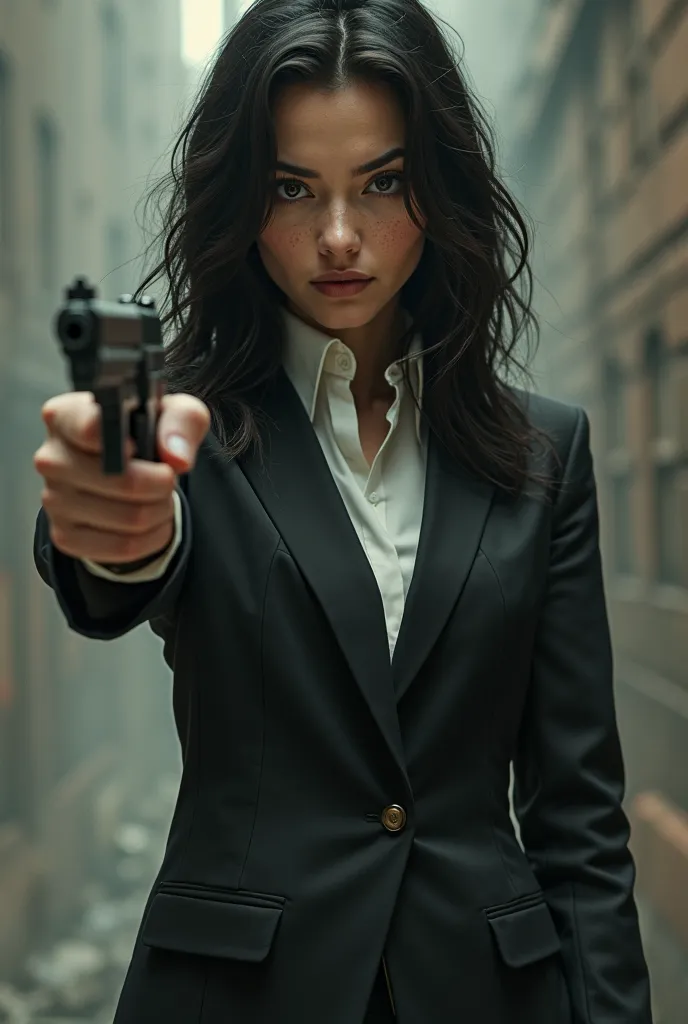 Woman, black hair, dark brown eyes, freckles, suit without tie and a gun 