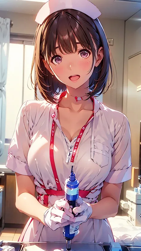 Highest quality、High Resolution、high image quality、High Resolution、(( hospital 、Hospital room))、(( holding a syringe ))、( anegasaki nene、short hair、medium breasts、brown hair、brown eyes、glossy lips、Glowing Skin、realistic skin texture、( white nurse uniform、g...