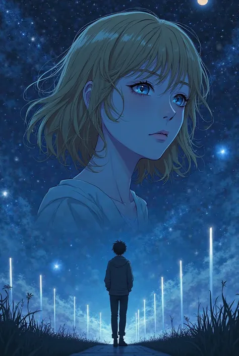 Anime on a Starry Night with a Full Moon, the face of a young woman who has golden hair and is projected into the sky, merging with the stars and the moon,  it's nighttime.  her eyes are closed , and look to the right 
. below, a young man walks forward wi...